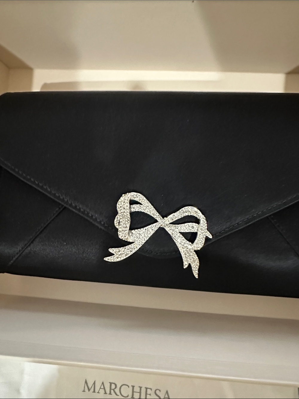 Black Satin Clutch with Silver Bow Accent 10X6X2